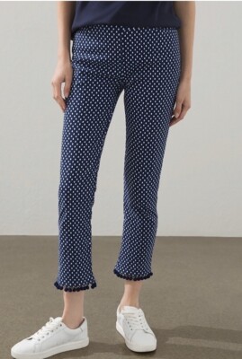 NWT Chico's Size 1 (8) So Slimming Brigitte Crop Pants Navy PolkaDot PomPom Hem