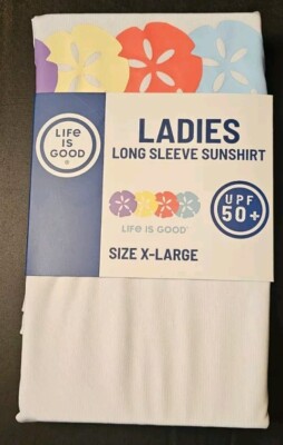Life is Good White / Flowers Long Sleeve Tee  SUN T SHIRT UPF 50+ Women's XL