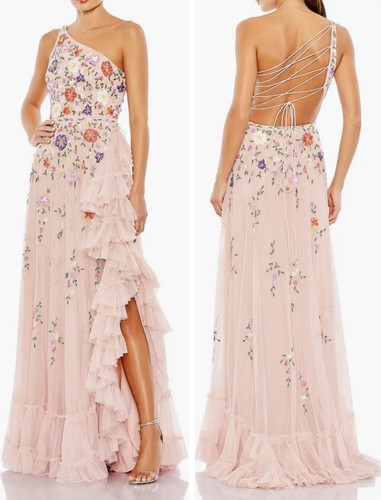 

Mac Duggal Сетчатое платье на одно плечо с цветочной вышивкой, Peach