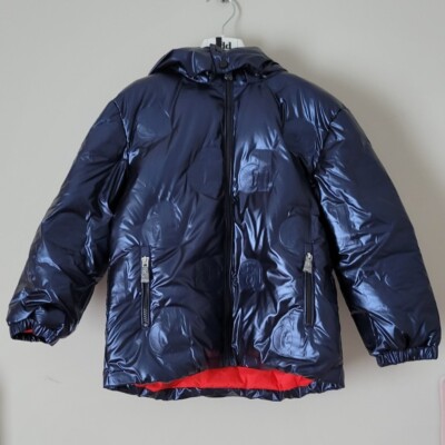 NWT NEW Add girls blue shiny coat with red lining logo all over 6y ADFGB035