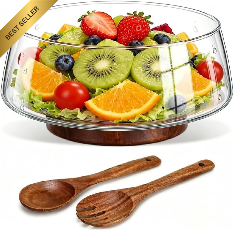 Salad Mixing Bowls with Wood Base, 3600Ml Glass Salad Bowl with Serving Utensils