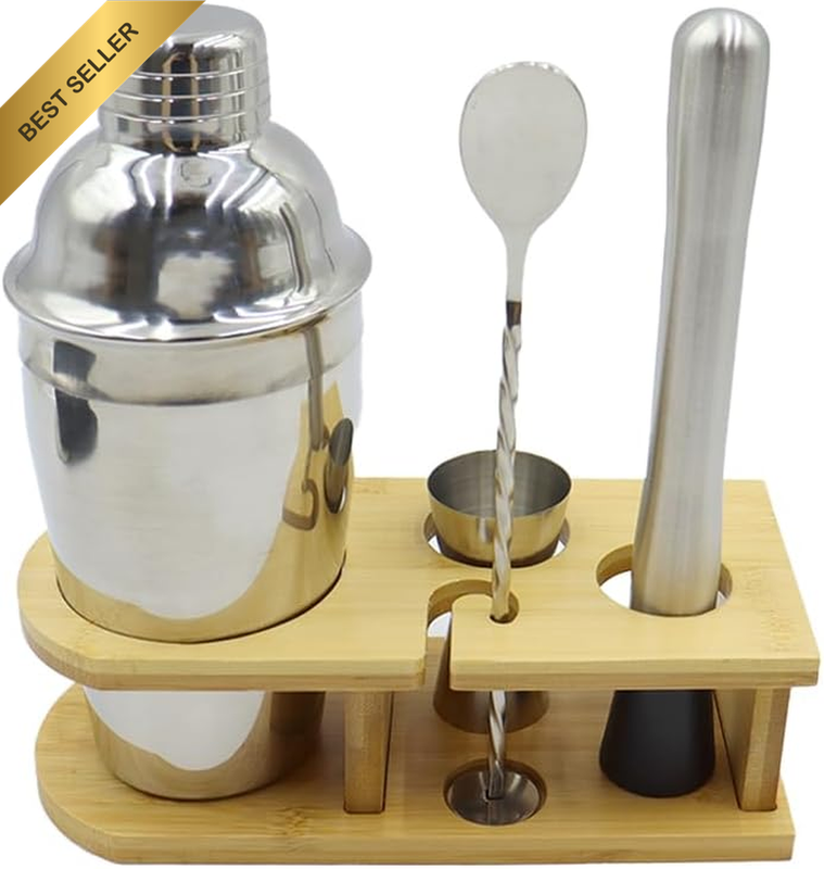 4 Pcs  Cocktail Shaker Set with Bamboo Stand 304 Stainless Steel Bar Tools 550 M