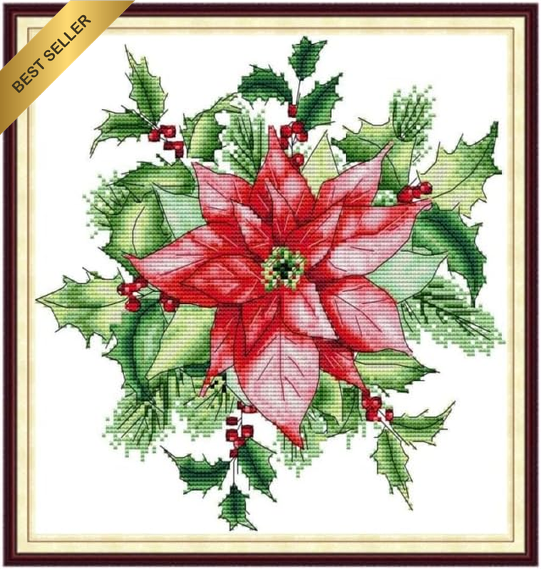 14Ct Stamped Cross Stitch Kits for Adults Beginners, Christmas Red Flower DIY Pr