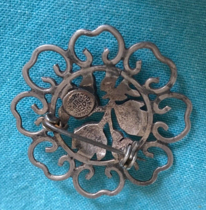 Designer Mexico Sterling silver 925 Filigree Brooch with Turquoise approx 1.5 in