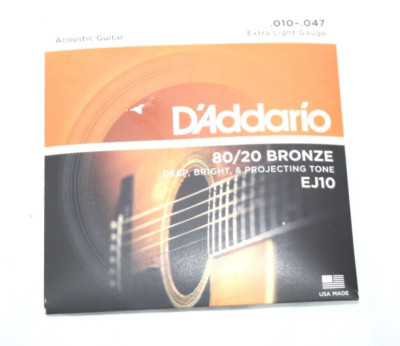 D'Addario EJ10 80/20 Bronze Acoustic Guitar Strings Extra Light .010 - .047 USA