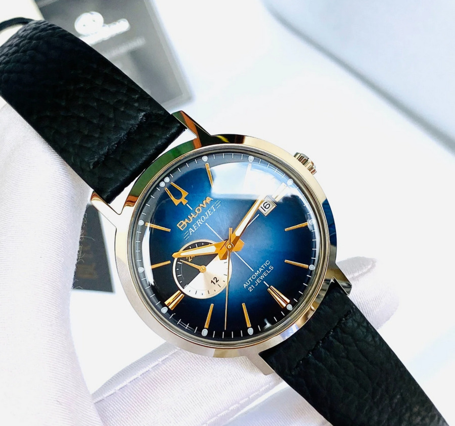 Pre-owned Bulova 96b374 Aerojet Automatic Men's Watch Blue Dial Leather Band