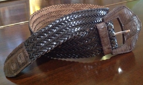 Vtg LASSO France Wide Belt Woven Braided Brown Leather Genuine Alligator Buckle