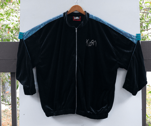 Vintage 90's KORN Track Jacket Black Blue Velour Sequin
