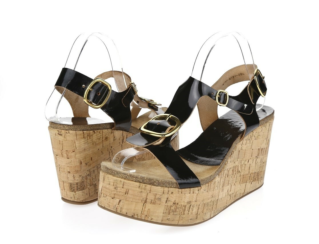 Pedro Garcia Dorella Cork Wedge black patent leather Sandal sz. 39.5