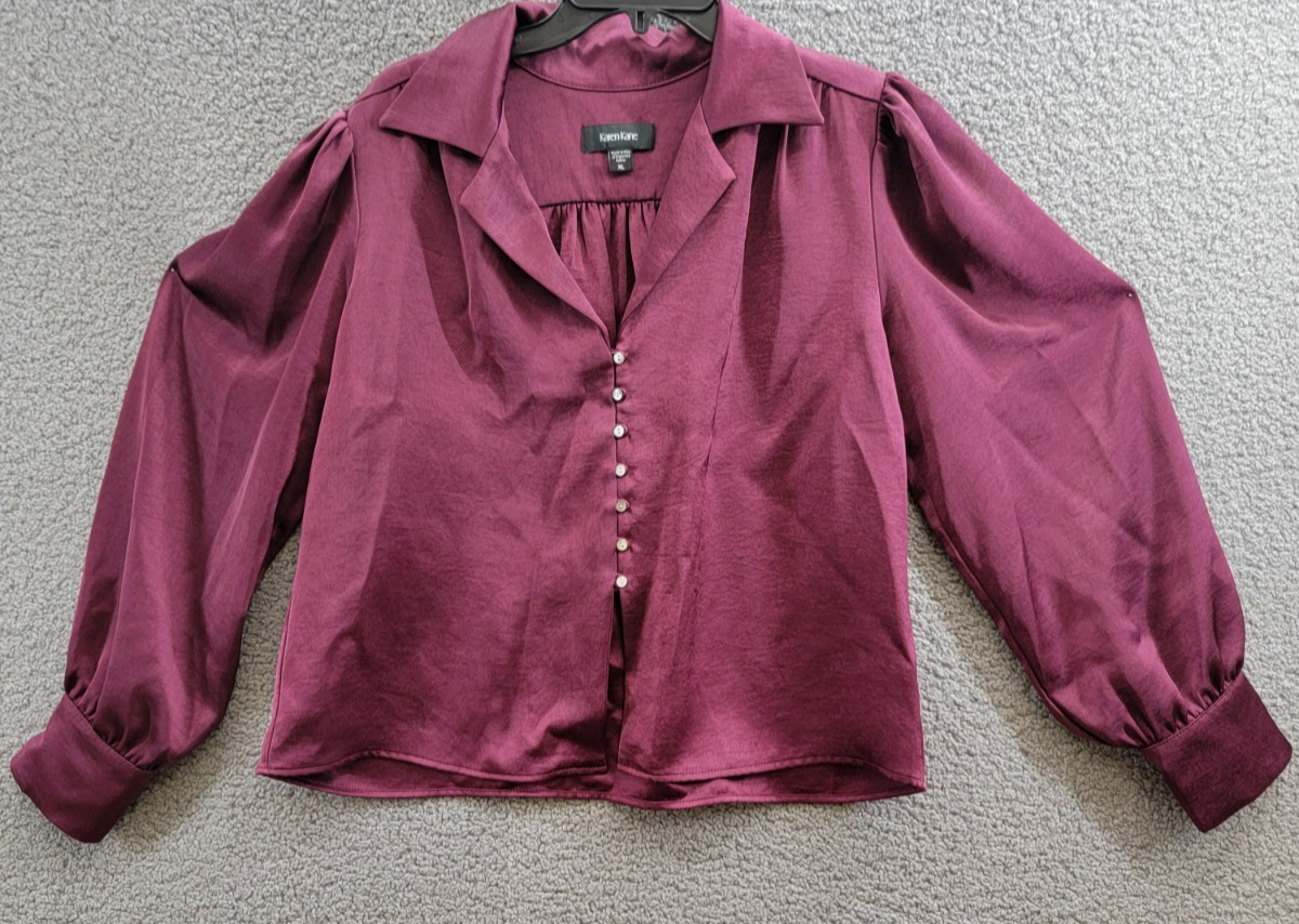 Karen Kane Shirred Blouse Womens XL Wine Solid Collared Long Sleeve Button Front - Picture 2 of 16