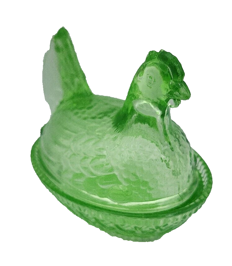 Wilkerson Art Deco Trinket Key Lime Hen Chicken Glow Glass On Basket 3.25" Wide