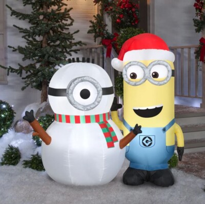 5 FT MINION KEVIN BUILDING A SNOWMAN Airblown Lighted Yard Inflatable