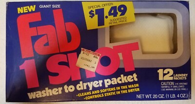 NOS VINTAGE Fab 1 Shot Giant Size Washer to Dryer 12 Laundry Packets  Palmolive