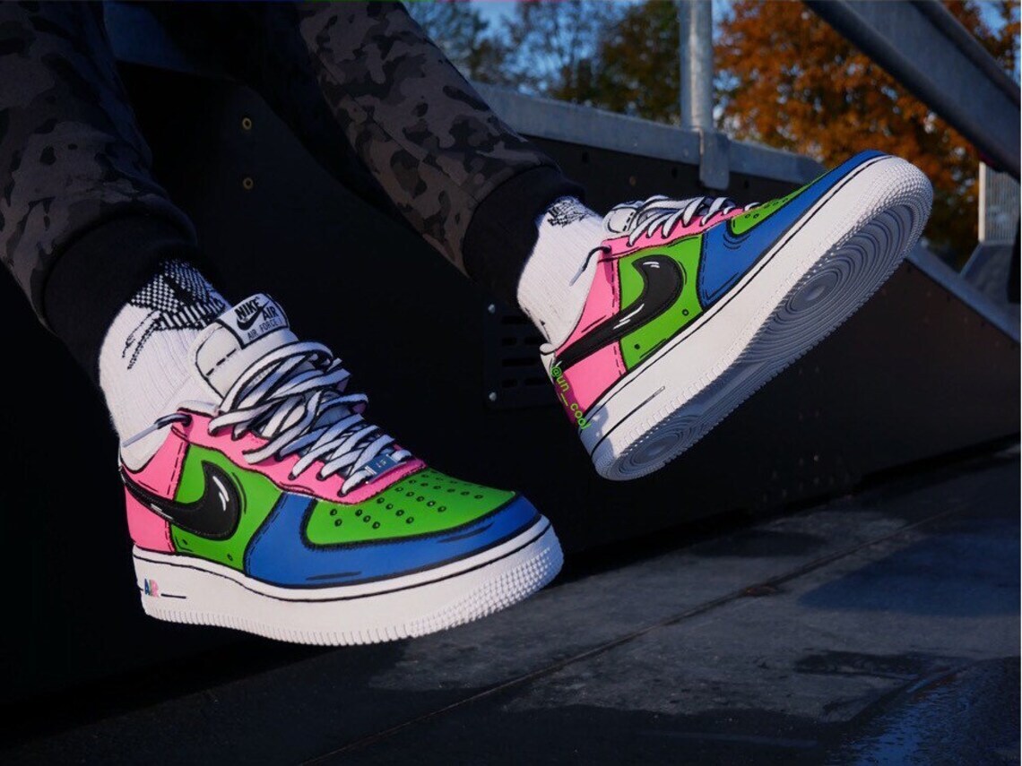 Pre-owned Nike Air Force 1 Custom "candy Cartoon Custom" White Shoes Neon Mens Womens Kids