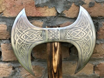 Medieval Warrior Double Headed Battle Axe With Leather Sheath, Labrys, Handmade