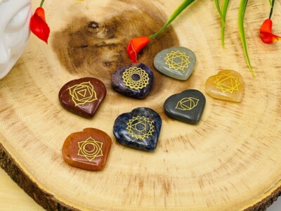 7 Chakra Heart Stone Set Engraved With Chakra Symbol, Polished Chakra Stones