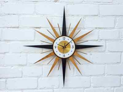 24''26''George Nelson Style Wall Clock Gold Stars Yellow and Black Sunburst 1970