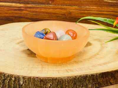 Orange Selenite Pedestal Bowl with 7 Chakra Tumbled Stones & Velvet Pouch