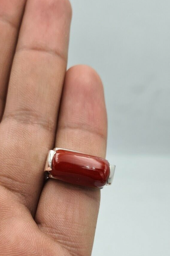 Pre-owned Handmade Natural Dark Deep Red Coral Moonga Coral Ring Marjan Unisex Ring Silver Jewelry