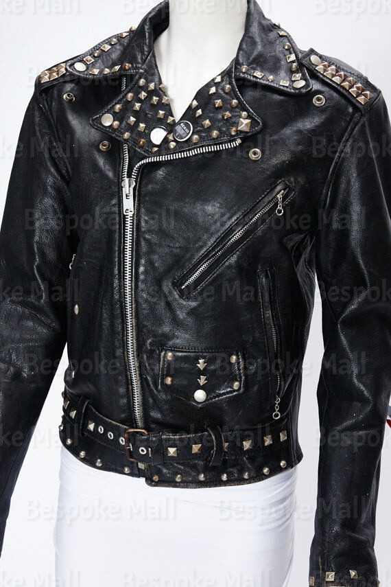Pre-owned Handmade Men's  Black Silver Studded Brando Style Antique Leather Jacket-870
