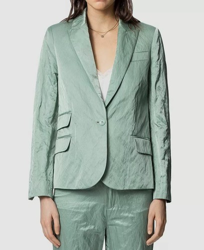 Pre-owned Zadig & Voltaire $1150  Women's Green Victor Satin Blazer Suit Jacket Size Us 4