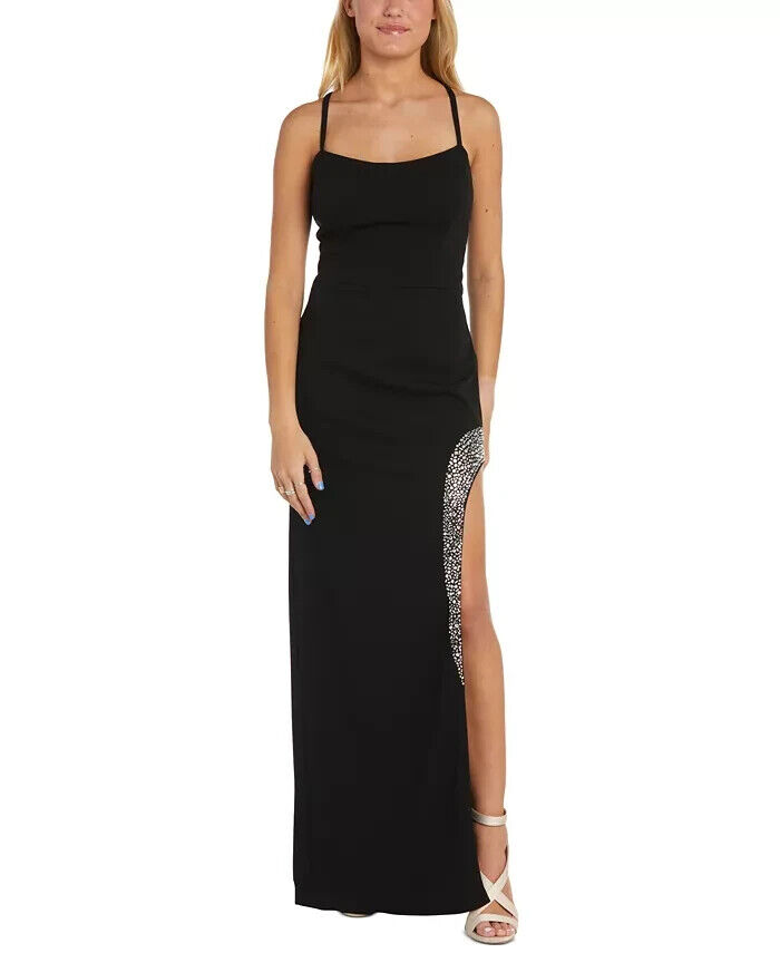 Nightway Rhinestone-Trim Strappy-Back Gown Women 14 Black Straight Neck Back Zip - Picture 1 of 15