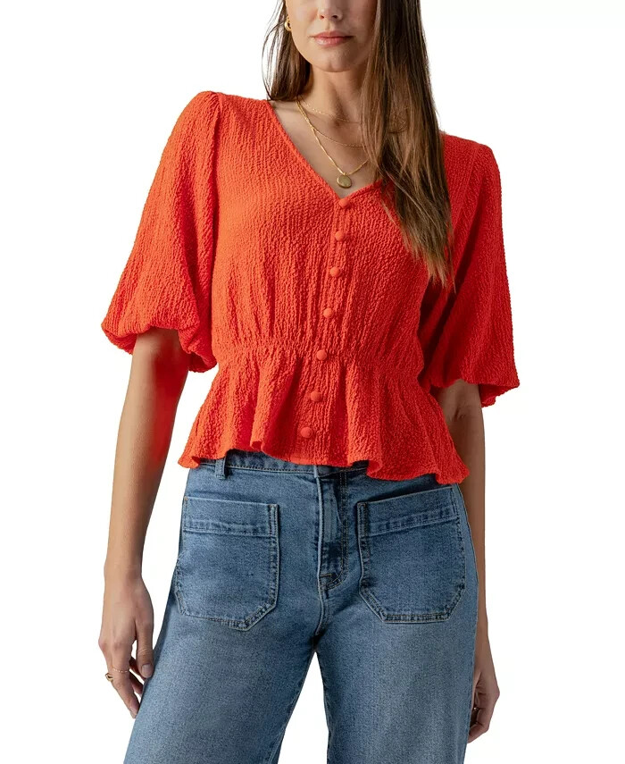 Sanctuary Textured Button-Front Peplum Top Women's XS Spicy Orange Elbow Sleeve - Picture 1 of 18