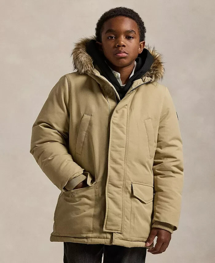 Polo Ralph Lauren Artificial-fur-Trim Down Parka Jacket Big Boys M (10-12) Khaki - Picture 1 of 18