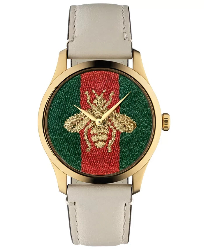 Pre-owned Gucci G-timeless 38mm Green And Red Dial Gold Bee Women's Watch Ya1264128
