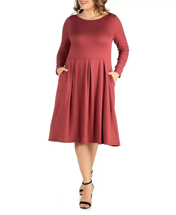 24seven Comfort Apparel Plus Fit And Flare Midi Dress Women's 2X Brick Pullover - Picture 1 of 14