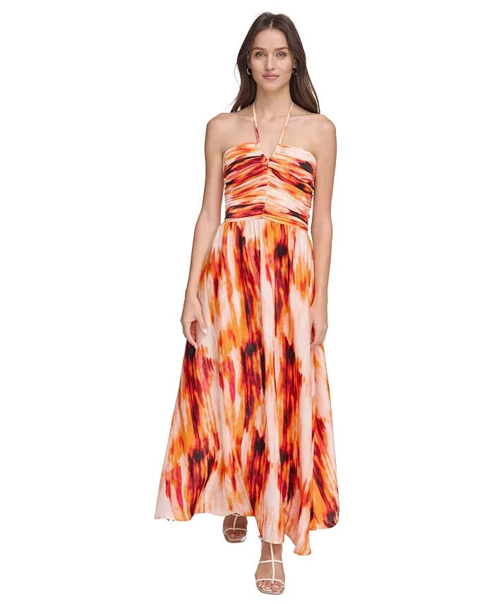 DKNY Printed Satin Strappy Halter Maxi Dress Women's S Orange Blossom Back Tie - Picture 1 of 16