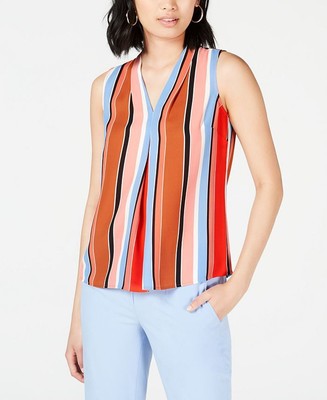 Bar III Women's Striped Inverted Pleat Blouse Brown Size Medium