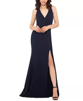 Xscape Women's Slitted Zippered Full Length Sheath Evening Dress Navy Size 6