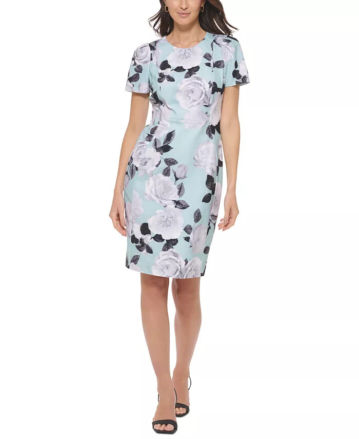 Пышное платье-футляр из крепа с коротким рукавом Calvin Klein NWT МЯТНОГО цвета с многослойным принтом, размер 10