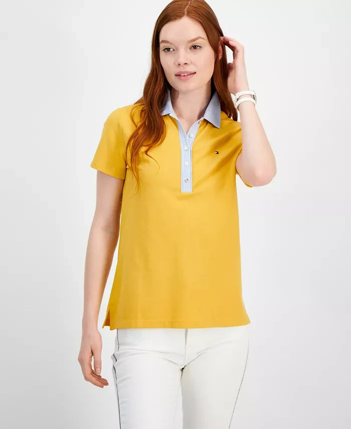 Tommy Hilfiger Striped-Collar Polo Shirt Women's L Deep Maize Short Sleeve - Picture 1 of 16