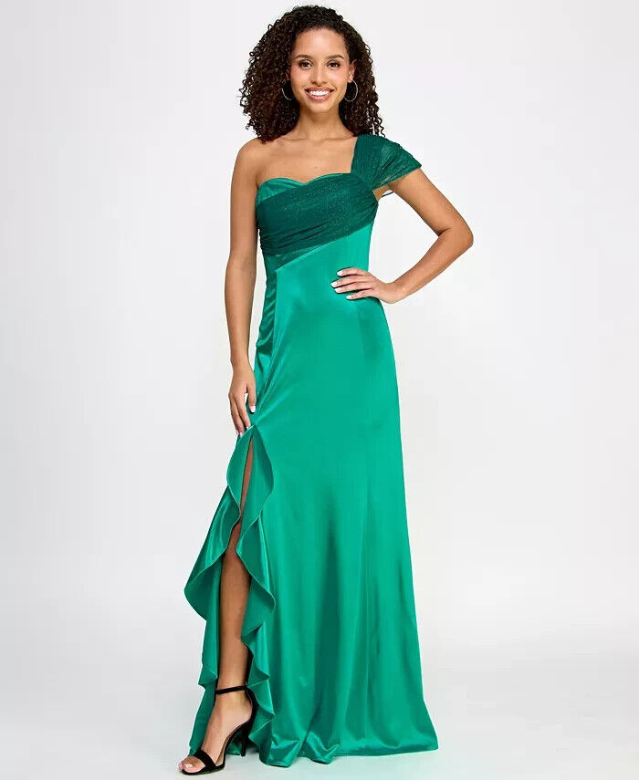 Violet Weekend One-Shoulder Tulle-Bodice Gown Juniors' 1/2 Jade Back Zip Closure - Picture 1 of 16