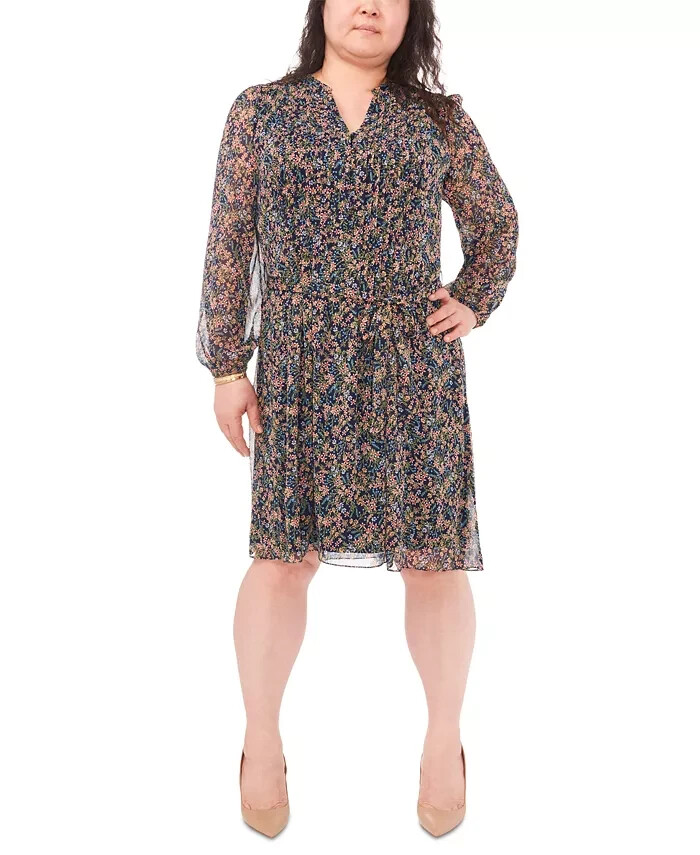 MSK Plus Size Floral-Print Chiffon Pintuck Shirtdress Women's 20W Navy Multi L/S - Picture 1 of 16