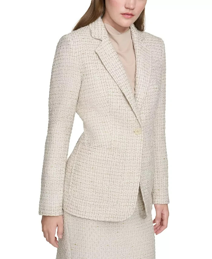 Calvin Klein Petite Patch-Pocket Tonal Tweed Blazer Women's 12P Nomad Multi L/S - Picture 1 of 16