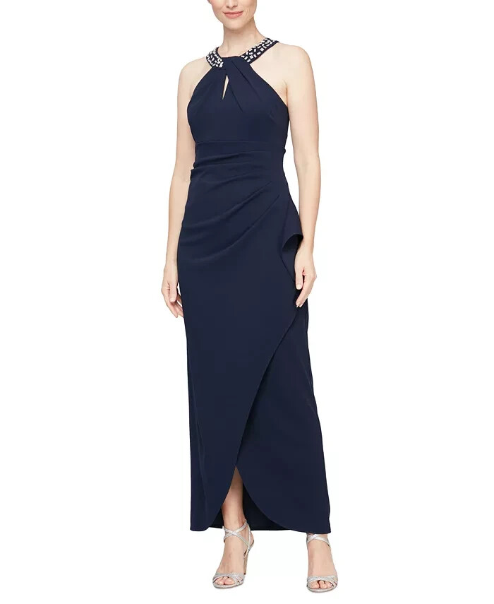 SLNY Twisted-Neck Tulip-Hem Dress Women's Navy Sleeveless Zip/Hook & Eye - Picture 1 of 16