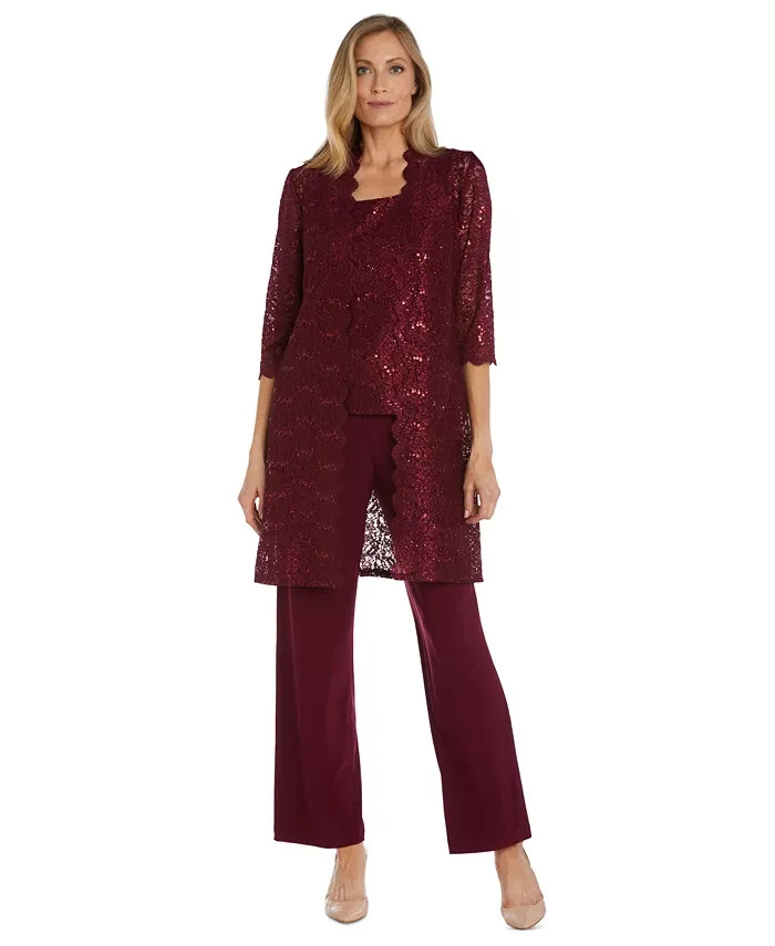 R & M Richards 3-Pc. Sequined Lace Pantsuit & Jacket Women's 6 Merlot 3/4 Sleeve - Picture 1 of 22