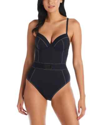 $124 BLEU BY ROD BEATTIE Black A Fine Line One Piece Swimsuit 14 yjn0824
