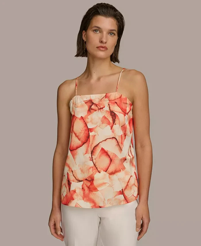 Donna Karan New York Printed Square-Neck Tank Top Women's L Terracotta Pullover - Picture 1 of 14