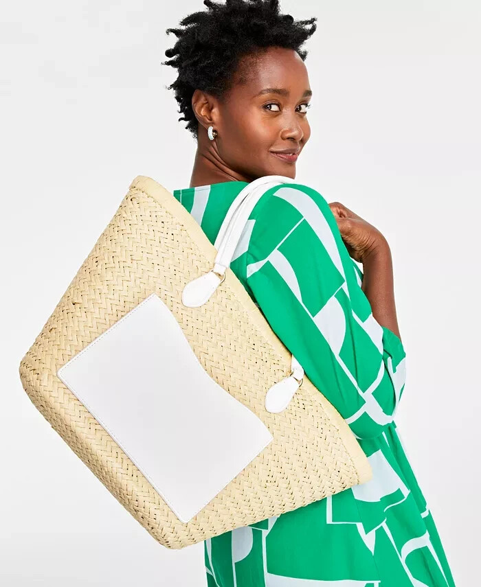 On 34th Isabellaa Straw Medium Drawstring Tote Bag Women's One Size Straw/White - Picture 1 of 14