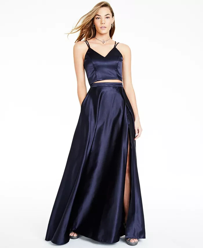 Crystal Doll 2-Pc. Satin Ball Gown Juniors' 5 Navy V-Neck Slit Back Zip Closure - Picture 1 of 17