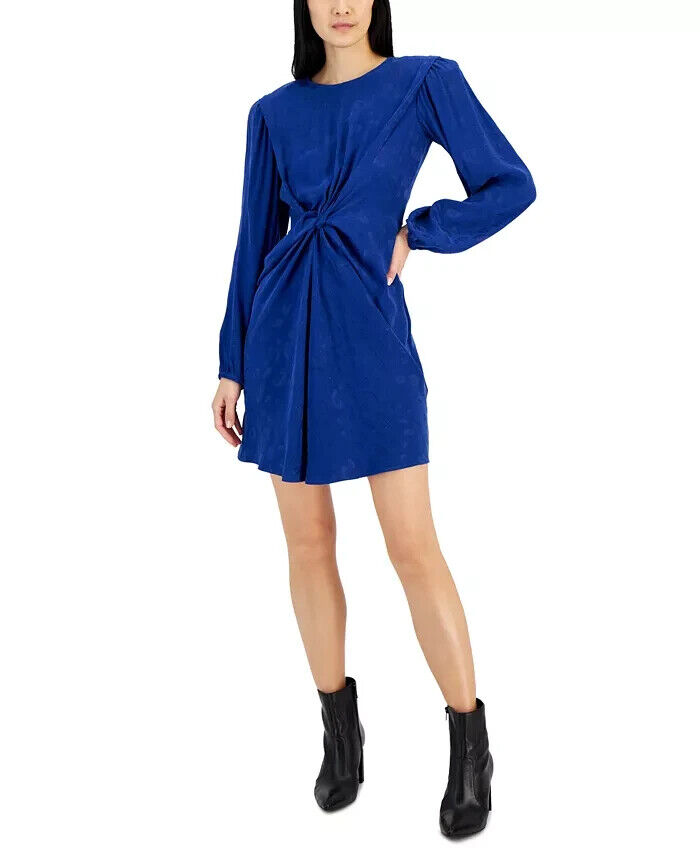 HUGO Twist-Front Textured Mini Dress Women's 8 Cobalt Lips Print Back Zip L/S - Picture 1 of 17