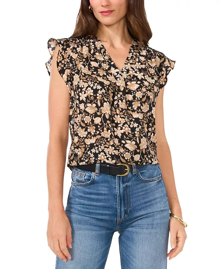 Vince Camuto Floral-Print Flutter-Sleeve Top Women's M Multi V-Neck Pullover - Picture 1 of 14