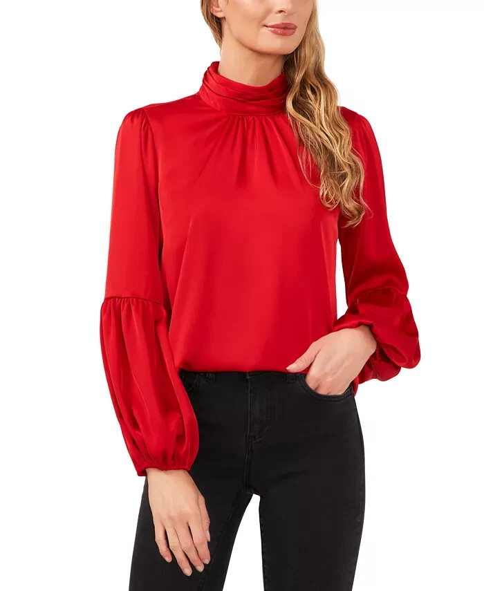 CeCe Blouson-Sleeve Mock-Neck Blouse Women's XL Stoplight Red Button Back L/S - Picture 1 of 14
