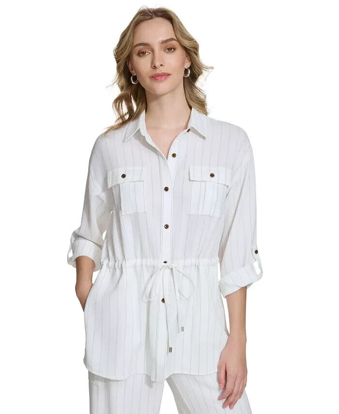 Calvin Klein Striped Drawstring-Waist Tunic Blouse Women's S Soft White Collared - Picture 1 of 17