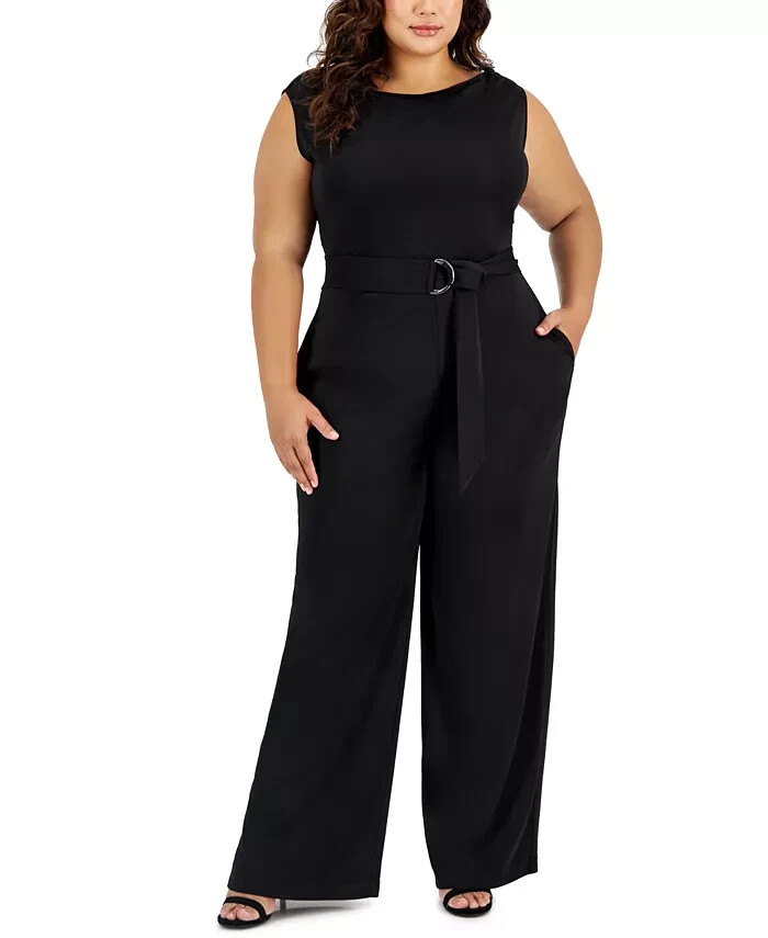 Anne Klein Plus Size Belted Pockets Wide-Leg Jumpsuit Women's 1X Black Back Zip - Picture 1 of 18
