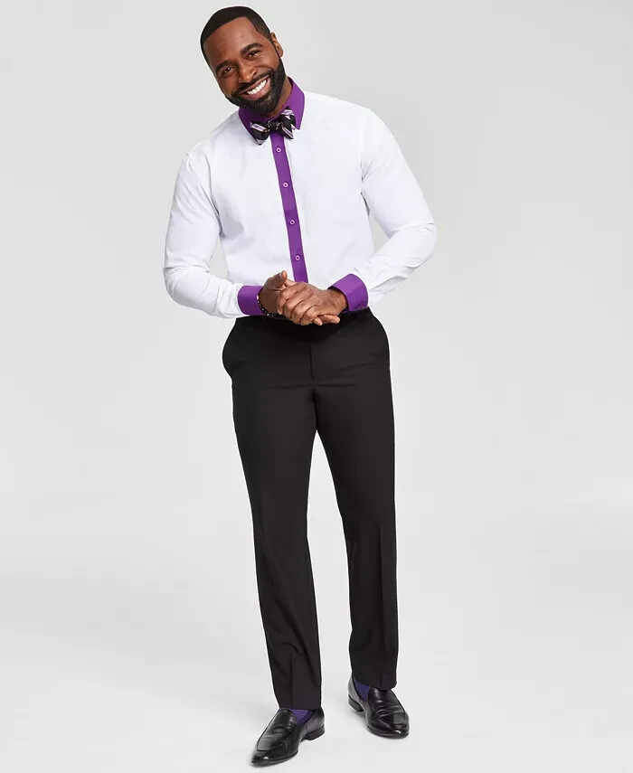 Tayion Collection Slim-Fit Purple Trim Dress Shirt Men's L 16-16.5 34-35 White - Picture 1 of 19